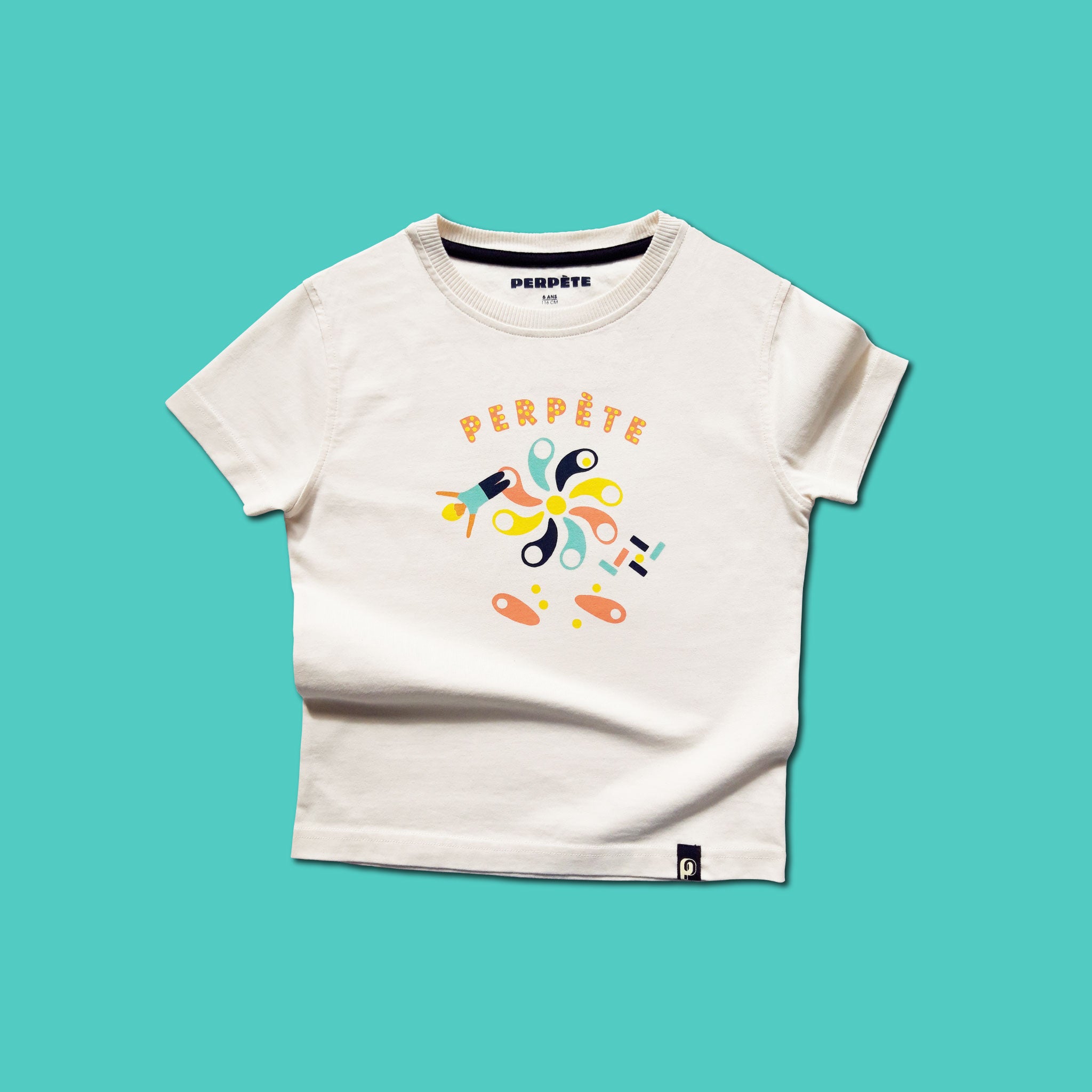 Tee-shirt Perpète game enfant, en coton bio, mixte, coloris crème avec motif sérigraphié coloré Perpète, à plat